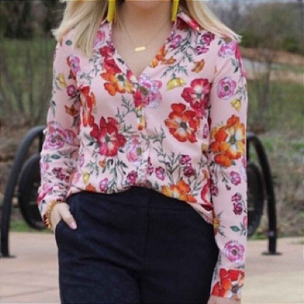 Express Womens Slim Fit Portofino Peach Floral Long Sleeve Chiffon Career Top XS - Picture 7 of 7